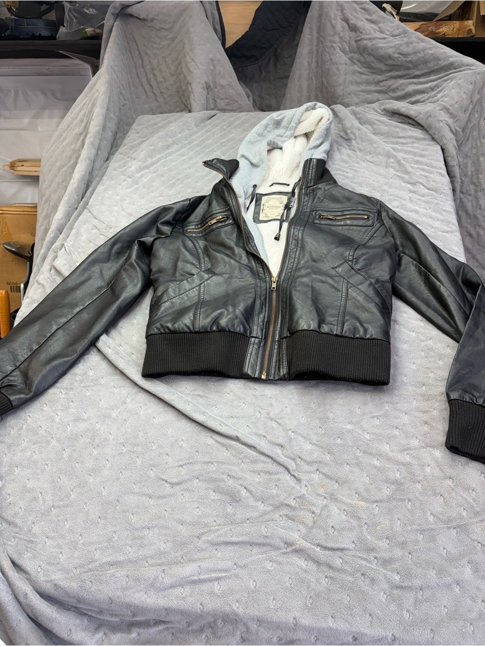 Faux Leather Hooded Bomber Jacket Layered Look